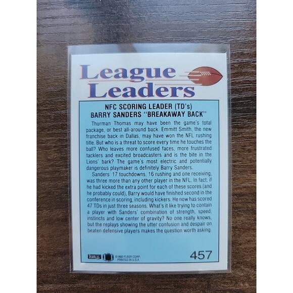 Barry Sanders 1992 Fleer #457 - League Leaders - Detroit Lions - NFL - Picture 2 of 2